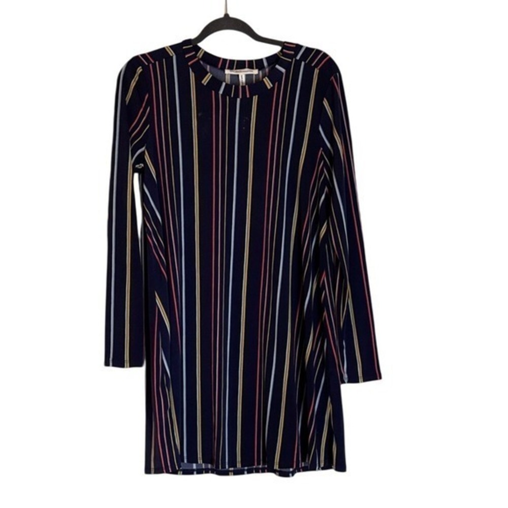 BCBGeneration Navy Blue Multi Color Vertical Stripe Long Sleeve Tunic Dress
